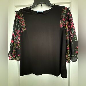 CeCe Black Top with Pink Floral Sleeves